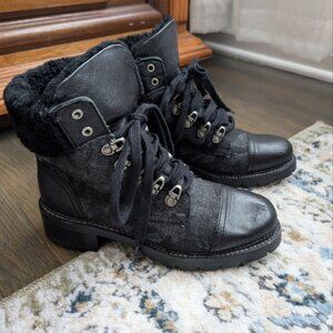 Frye Leather Faux Fur Trim Combat Boots Black Size 6,5